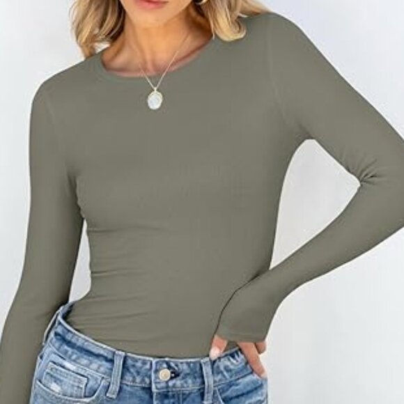 ANRABESS Army Green Women's Long Sleeve Crewneck Rib Slim Fit Shirts Basic Tee - Picture 1 of 4